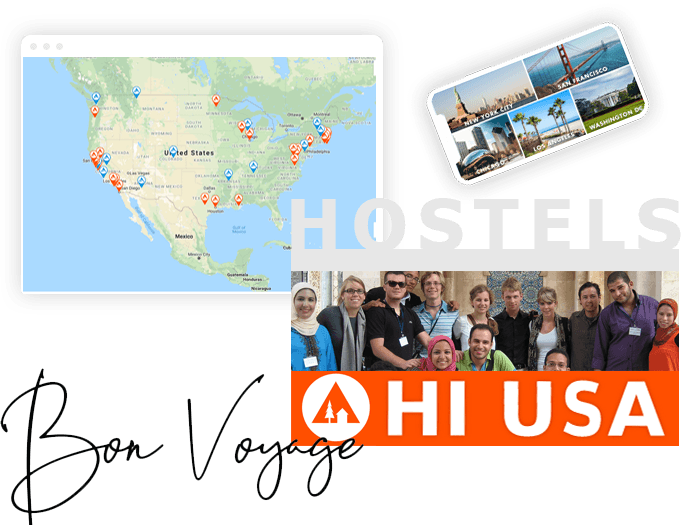 HI USA logo with group of hostellers lounging in a shared hostel living area