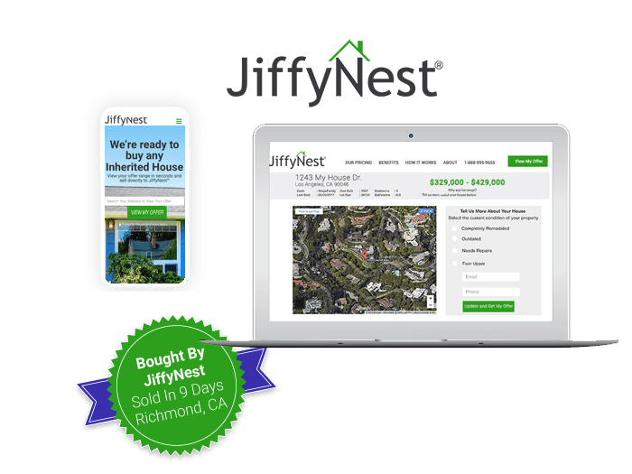JiffyNest logo and family home exterior with front lawn and bright blue sky