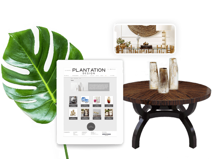 Plantation logo against a backdrop of console table, decorative lamps, mirror, and accessories